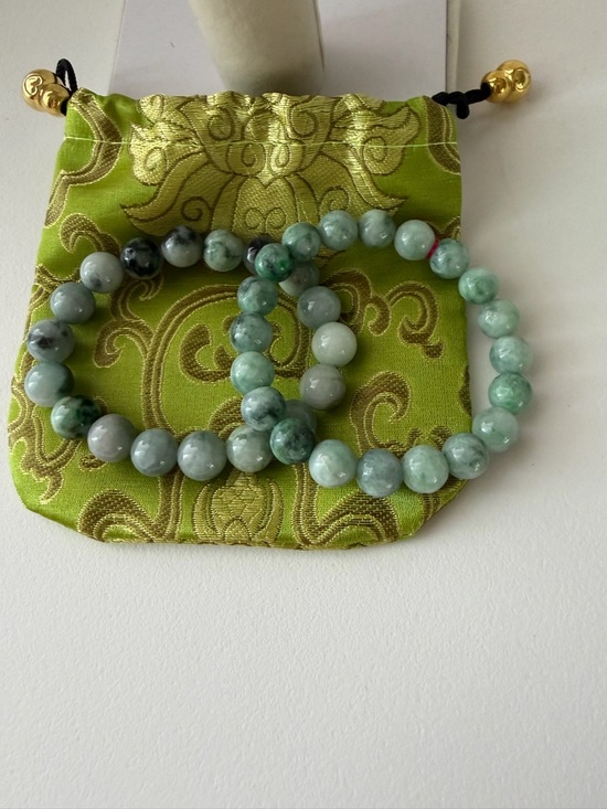 Jade Jewelry - Authentic 2 Pieces Icy Floating Green Jade Beaded Bracelets